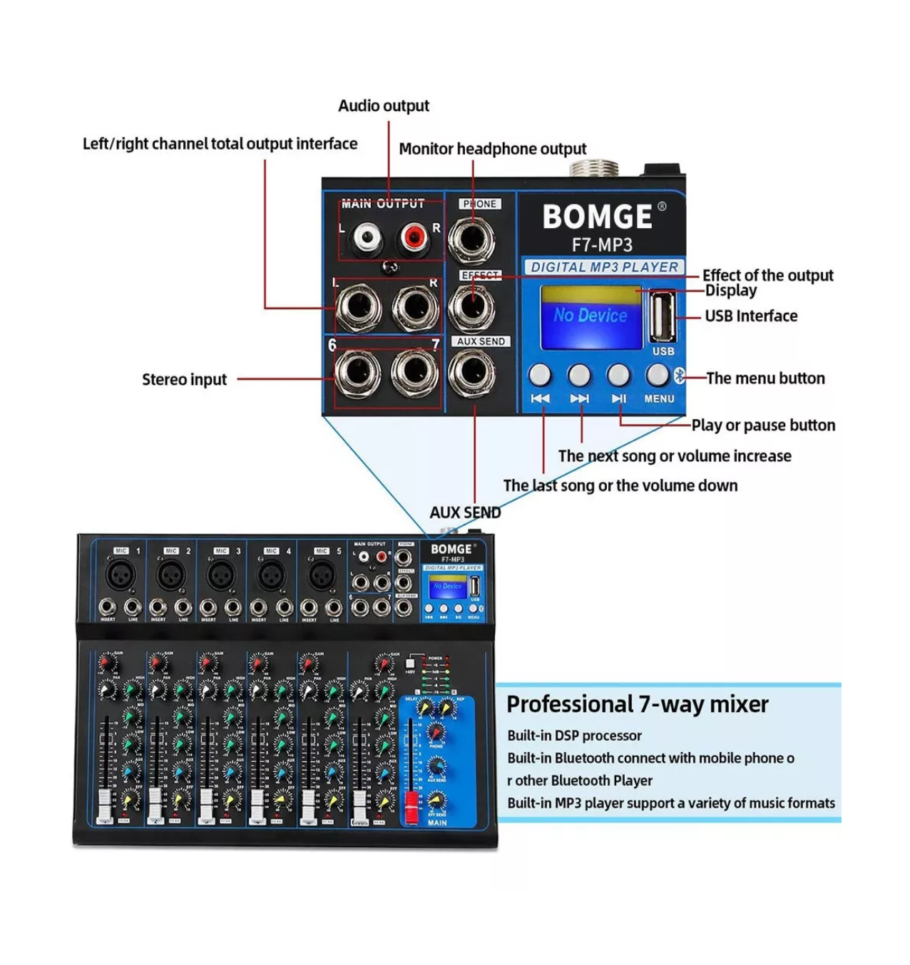 Foto 4 pulgar | Mezcladora de Audio Bomge de 7 Canales con Bluetooth Negro