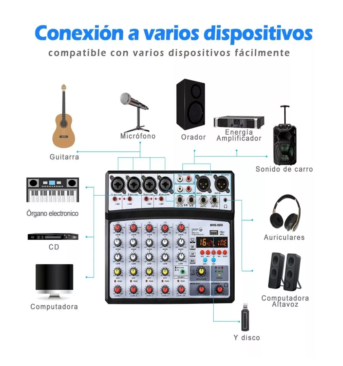 Foto 3 pulgar | Mezclador De Dj 06f De 6 Canales Usb /bluetooth/48 V/d Blanco