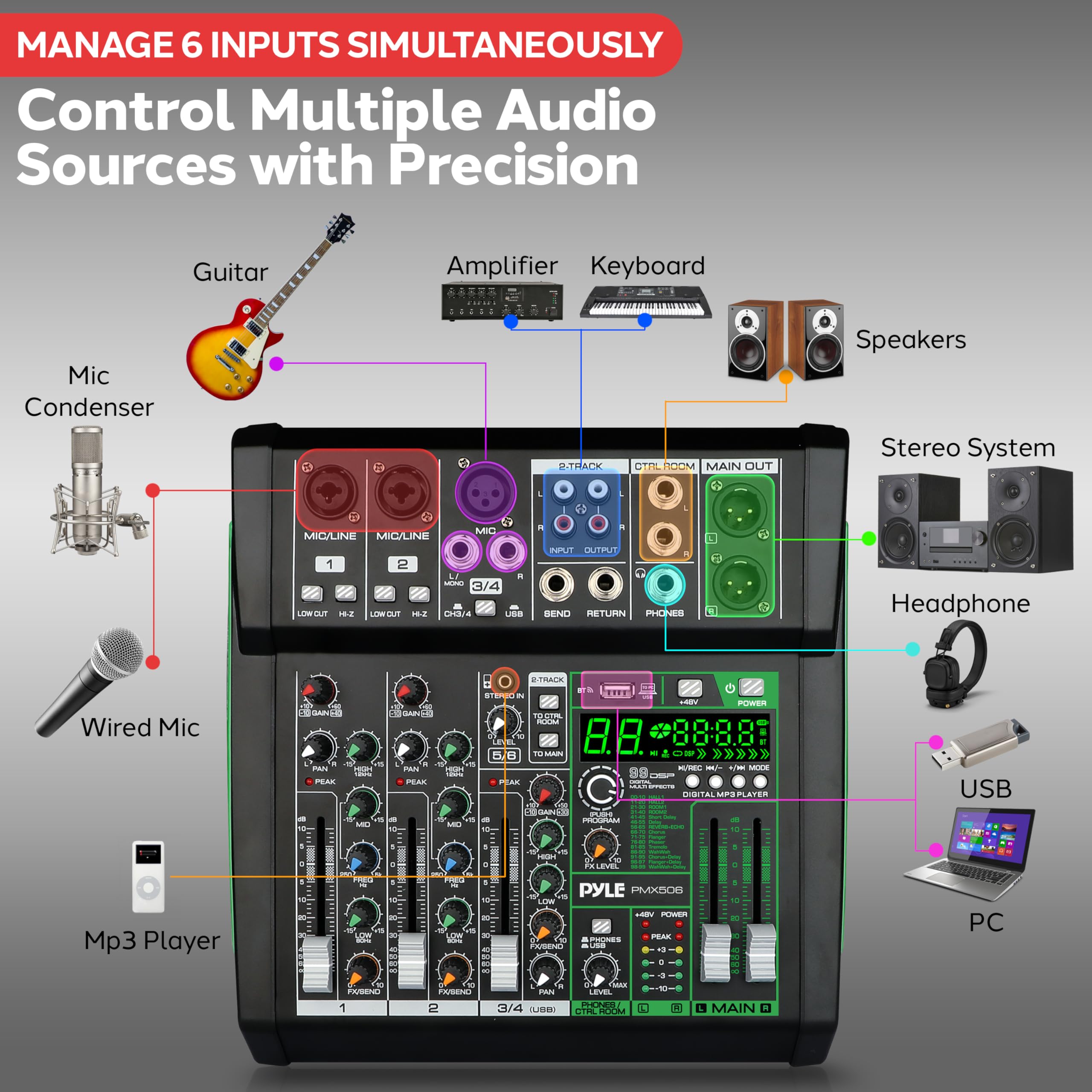 Foto 6 pulgar | Mezclador De Audio Pyle Pmx506 De 6 Canales Con Bluetooth 5.0 Y Usb - Venta Internacional.