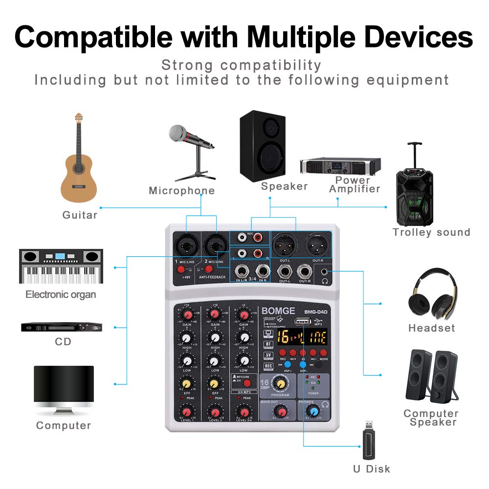Foto 5 | Mezclador De Sonido Para Dj Bomge 04d Portátil Bluetooth 4 Canales Usb - Venta Internacional.