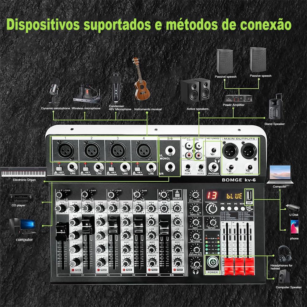Foto 4 | Controlador Mezclador De Audio Para Dj Bomge De 6 Canales Con Bluetooth +48 V - Venta Internacional.
