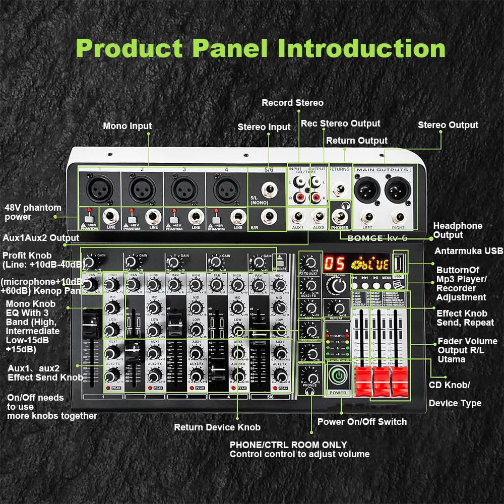 Foto 6 pulgar | Controlador Mezclador De Audio Para Dj Bomge De 6 Canales Con Bluetooth +48 V - Venta Internacional.