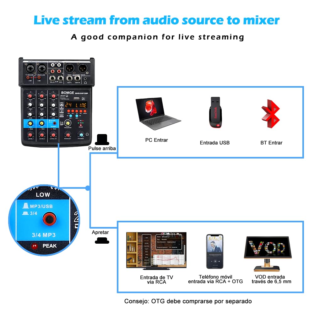 Foto 6 | Interfaz De Mezclador De Sonido Para Dj Bomge De 4 Canales Con Mp3 Usb Bluetooth - Venta Internacional.
