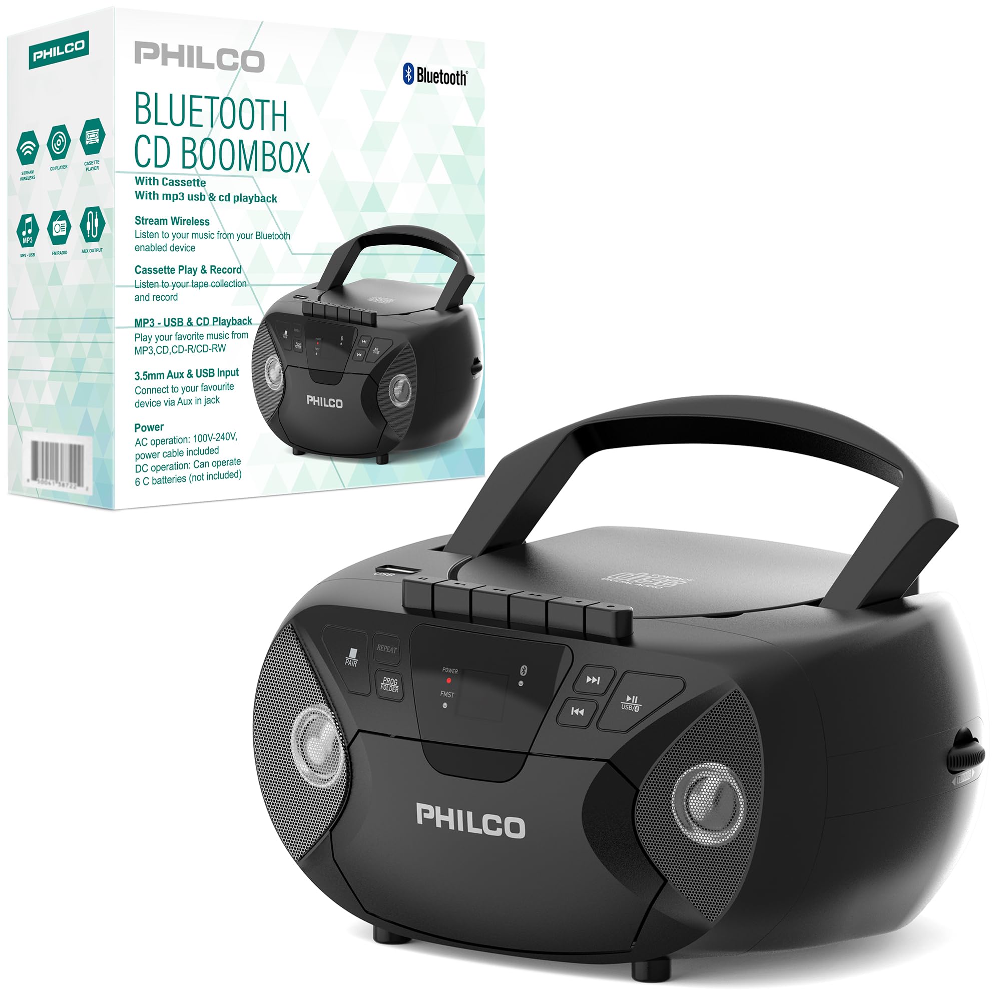 Reproductor De Cd Portátil, Reproductor De Casetes Boombox Combo Philco - Venta Internacional.