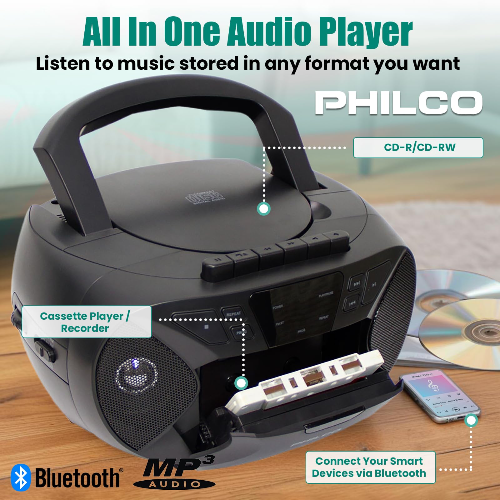 Foto 5 | Reproductor De Cd Portátil, Reproductor De Casetes Boombox Combo Philco - Venta Internacional.