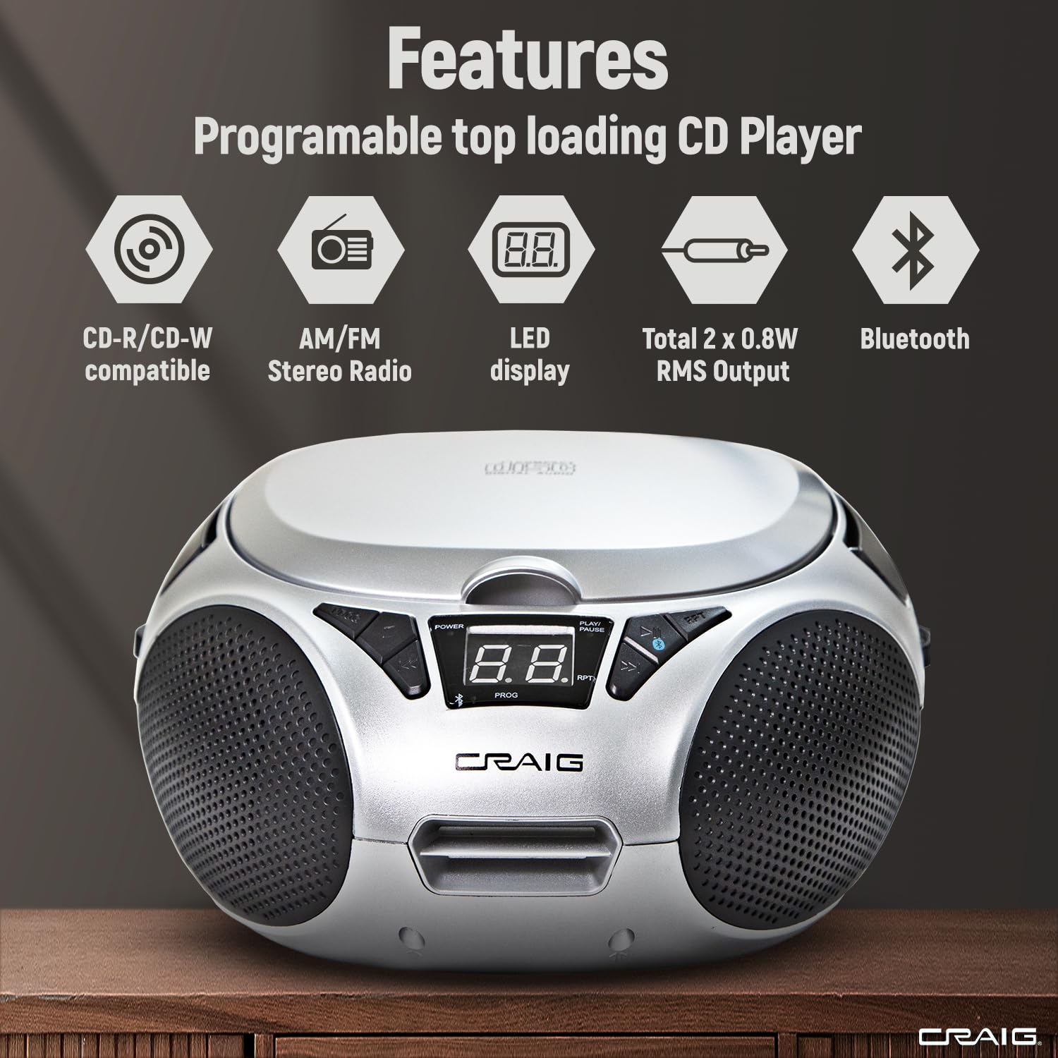 Foto 3 pulgar | Boombox Portátil Craig Cd6925 Con Bluetooth De Carga Superior, Color Plateado - Venta Internacional.
