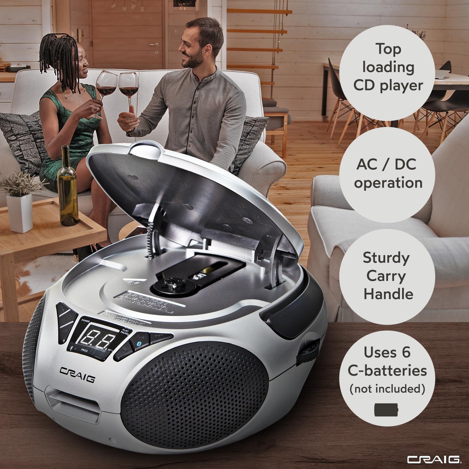 Foto 4 pulgar | Boombox Portátil Craig Cd6925 Con Bluetooth De Carga Superior, Color Plateado - Venta Internacional.