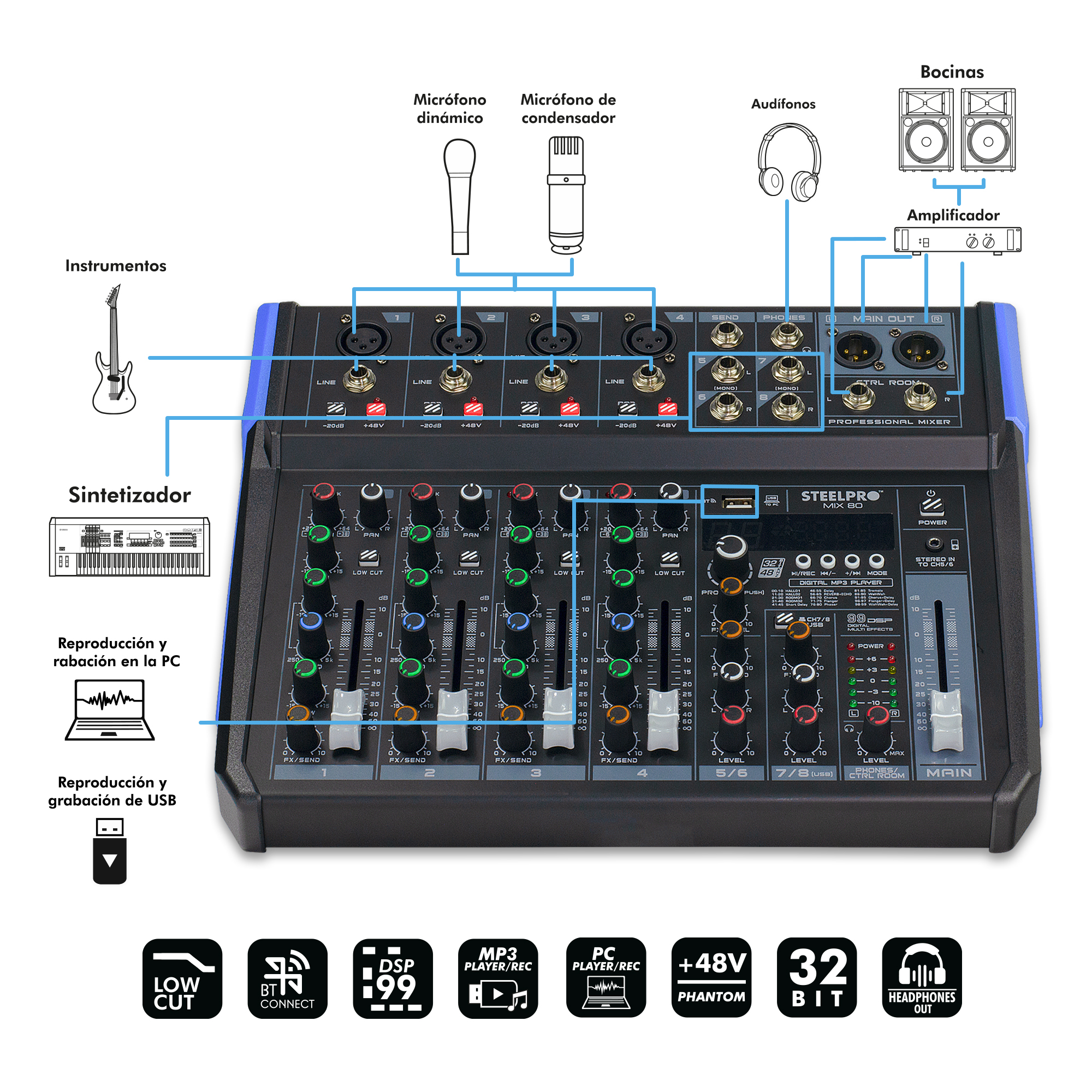 Foto 4 pulgar | Mezcladora de Audio Steelpro Usb Bluetooth 8ch 16 Efectos