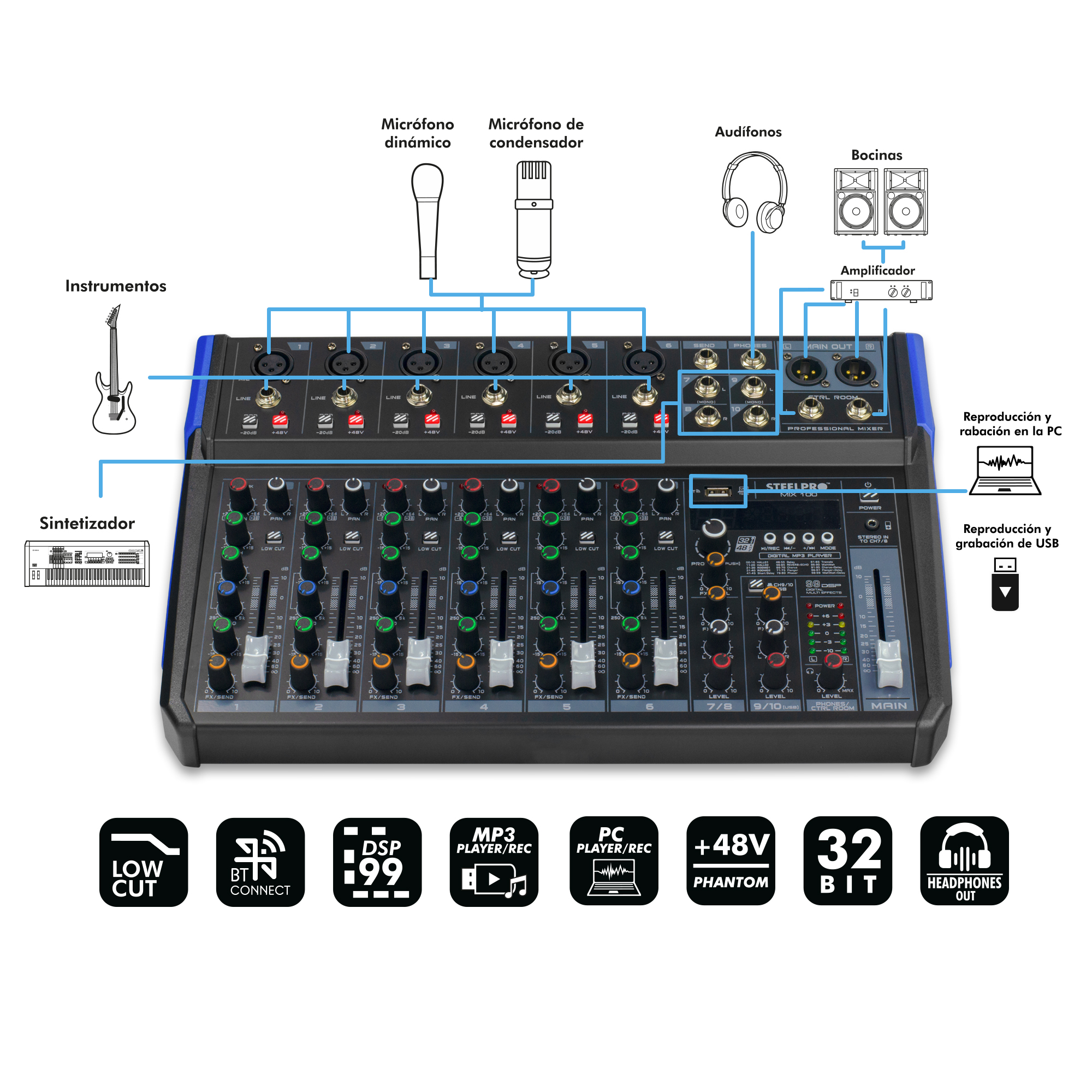 Foto 4 pulgar | Mezcladora Mixer de 10 Ch Steelpro 99 Efectos Bluetooth Usb-