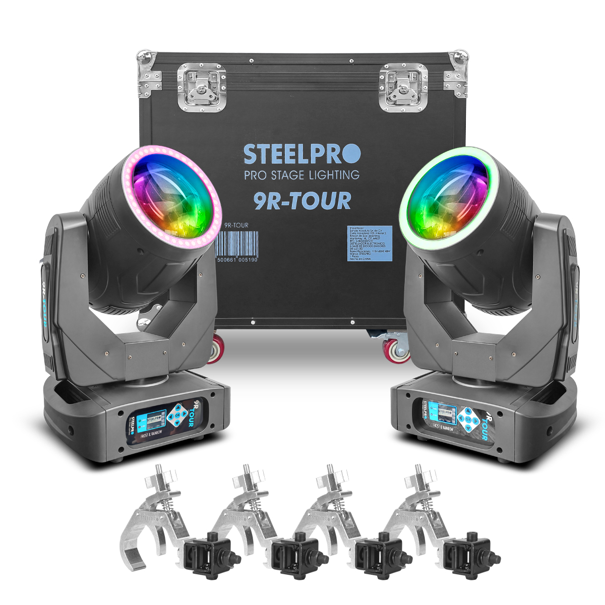 Case 2 Cabezas Moviles Beam 9r Efecto Arcoiris/agua Steelpro Con 4 Pro Clamps