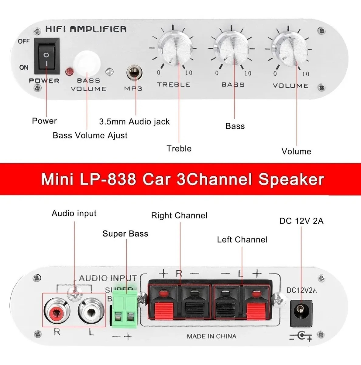 Foto 3 pulgar | Amplificador Estéreo para Coche Mini Hifi 200 W 2.1 Canales de Aluminio Negro - Venta Internacional