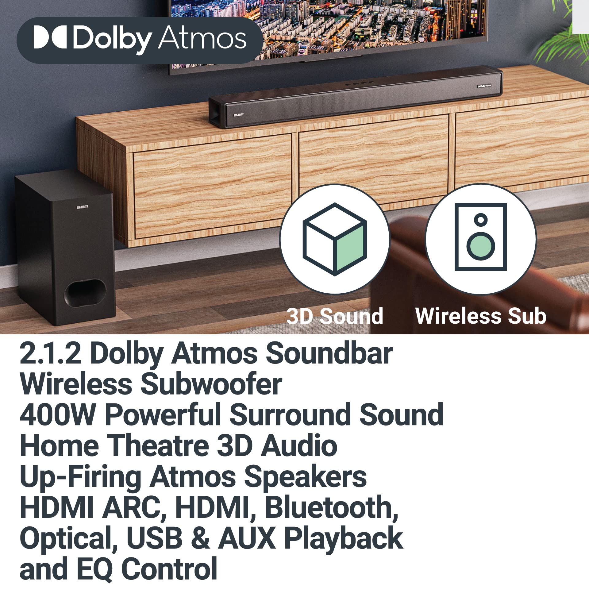 Foto 3 pulgar | Barra De Sonido Majority Sierra 2.1.2 Dolby Atmos De 400 W Con Subwoofer - Venta Internacional.