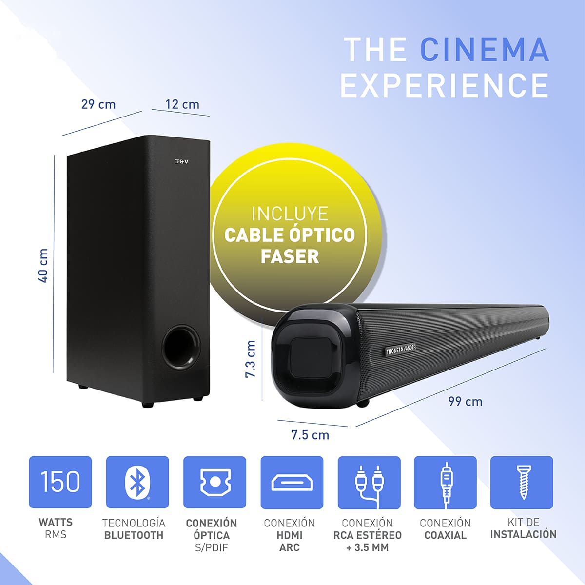 Foto 6 pulgar | Barra De Sonido Thonet & Vander Kino – 150w Rms  Bluetooth 5.0  Subwoofer  Hdmi Arc  Óptico  Rca  Control Remoto –