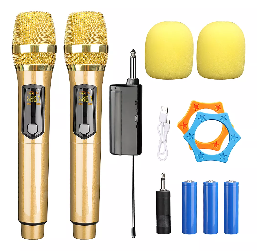 Micrófono Inalámbrico Profesional Karaoke Kit 2 piezas color Oro