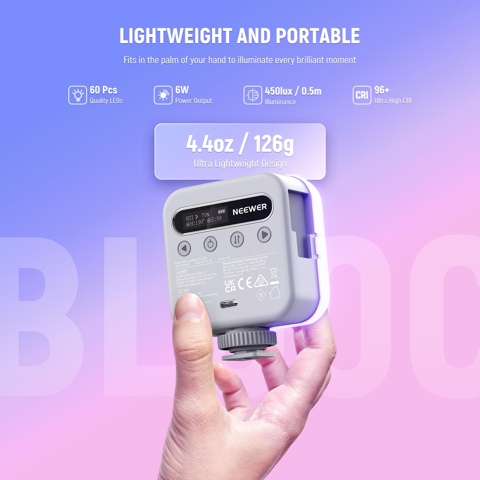 Foto 3 | Lámpara De Vídeo Neewer Basic Magnetic Rgb Bl60c Cri96+ 2500-9000k - Venta Internacional.