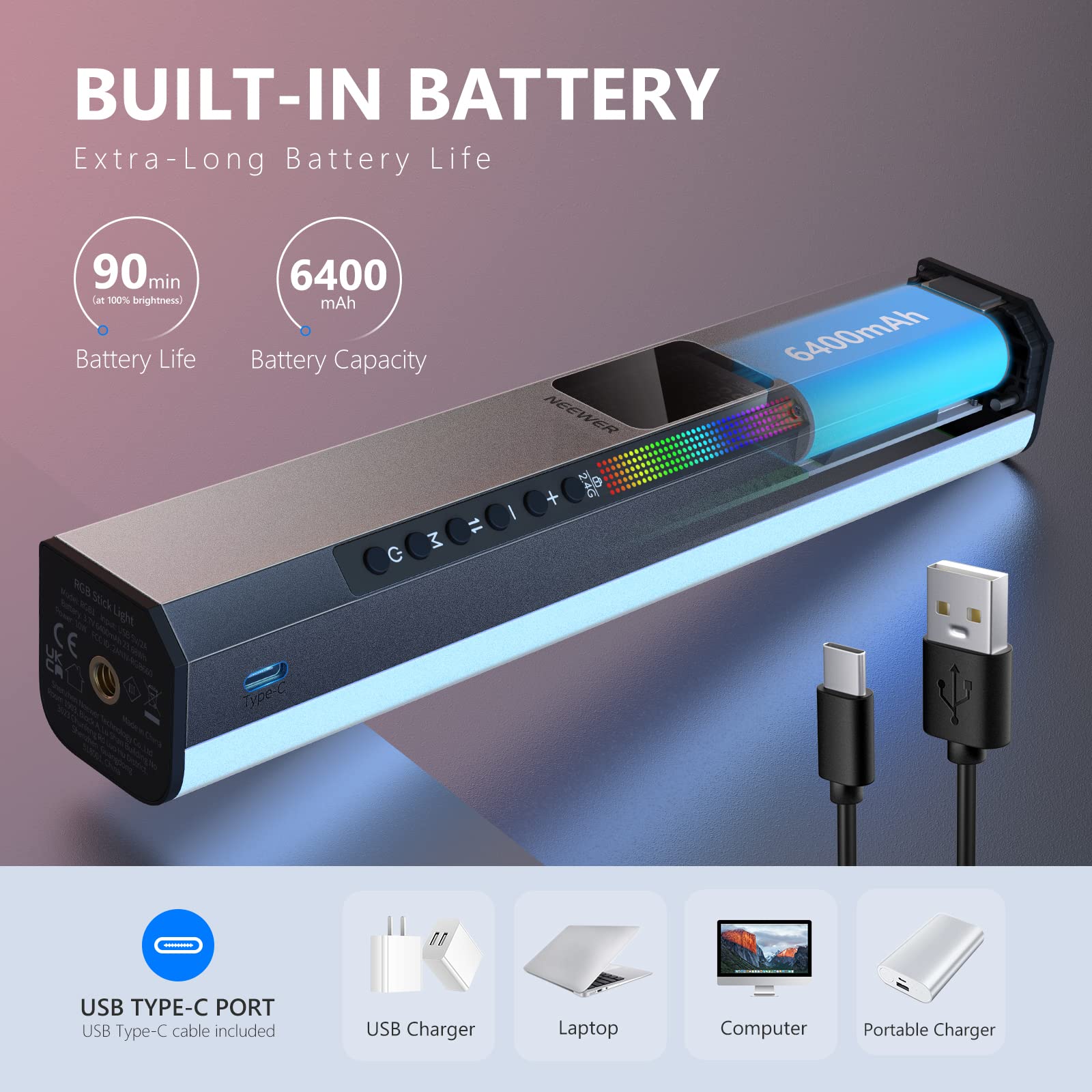 Foto 7 | Lámpara Led De Vídeo Neewer Rgb1 Con Batería De 6400 Mah - Venta Internacional.