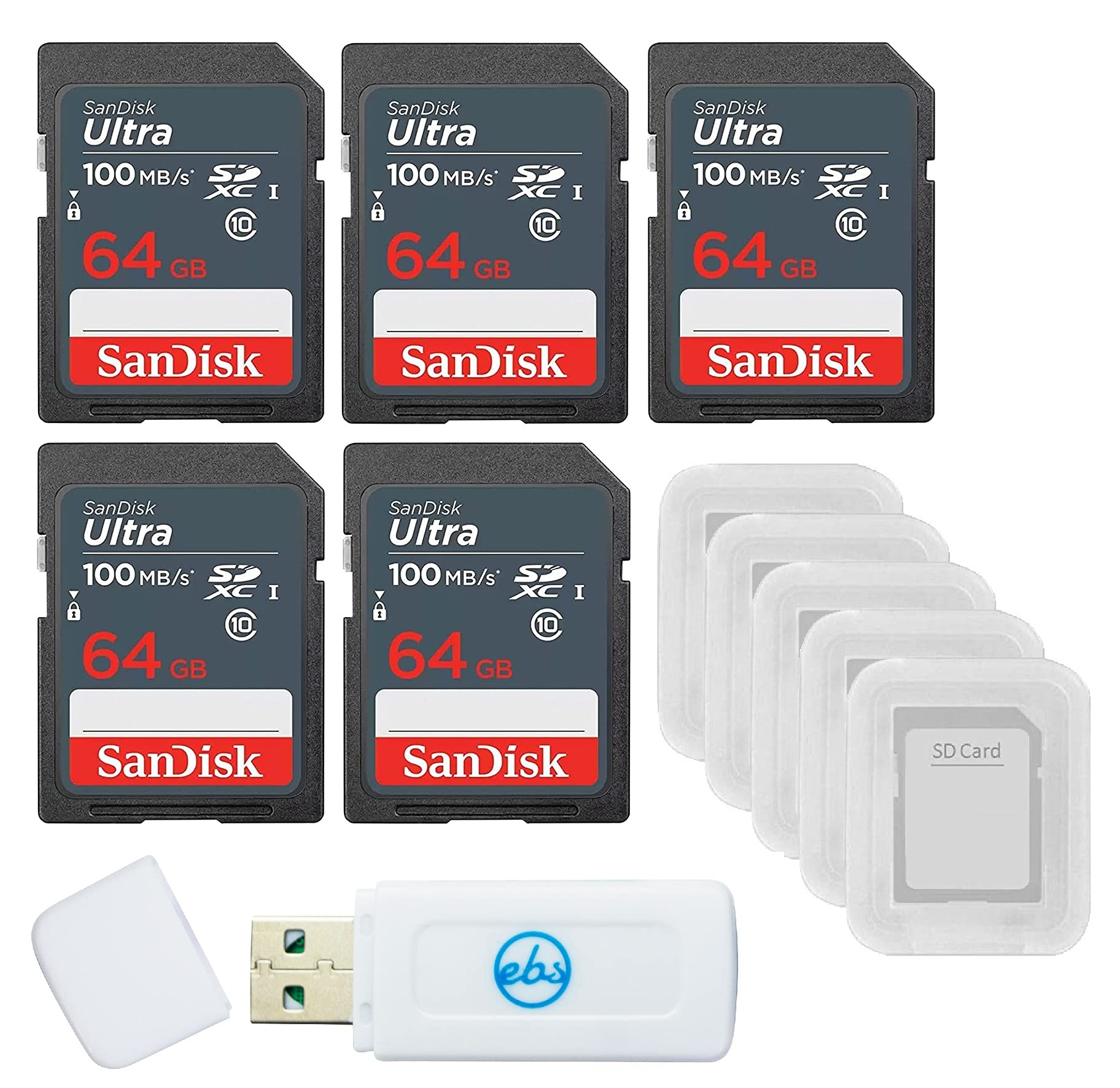 Tarjeta De Memoria Sd Sandisk Ultra De 64 Gb Sdxc Uhs-i, Clase 10, Paquete De 5 - Venta Internacional.