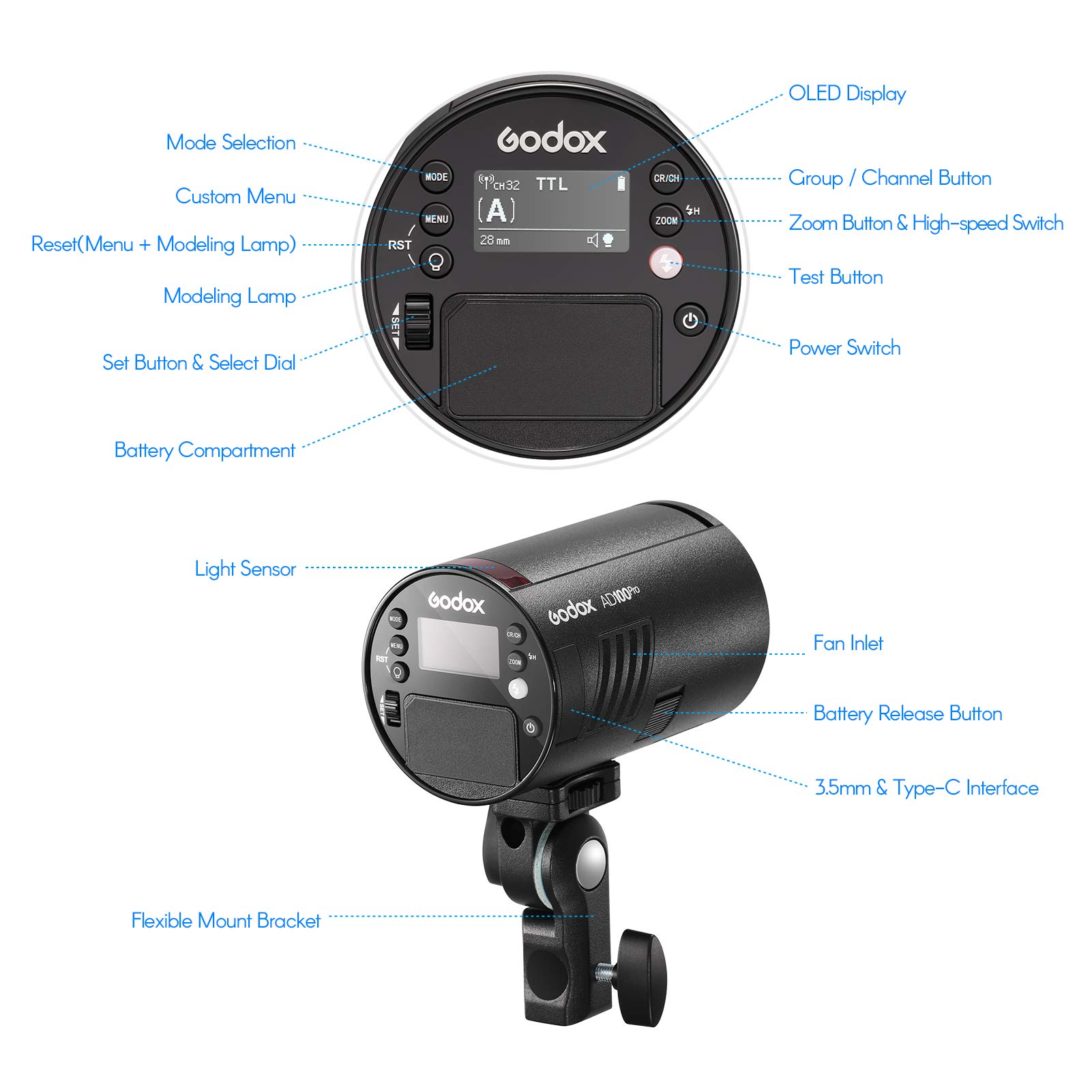 Foto 6 | Linterna De Estudio De Bolsillo Godox Ad100pro 5800 K 1/8000 S Ttl/multi - Venta Internacional.