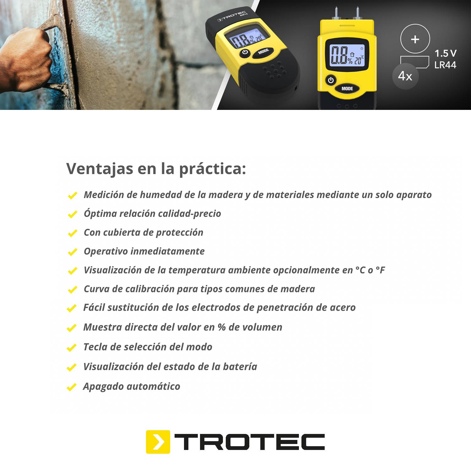 Foto 4 pulgar | Medidor de Humedad y Temperatura de Madera y Materiales de Construcción Trotec Bm12