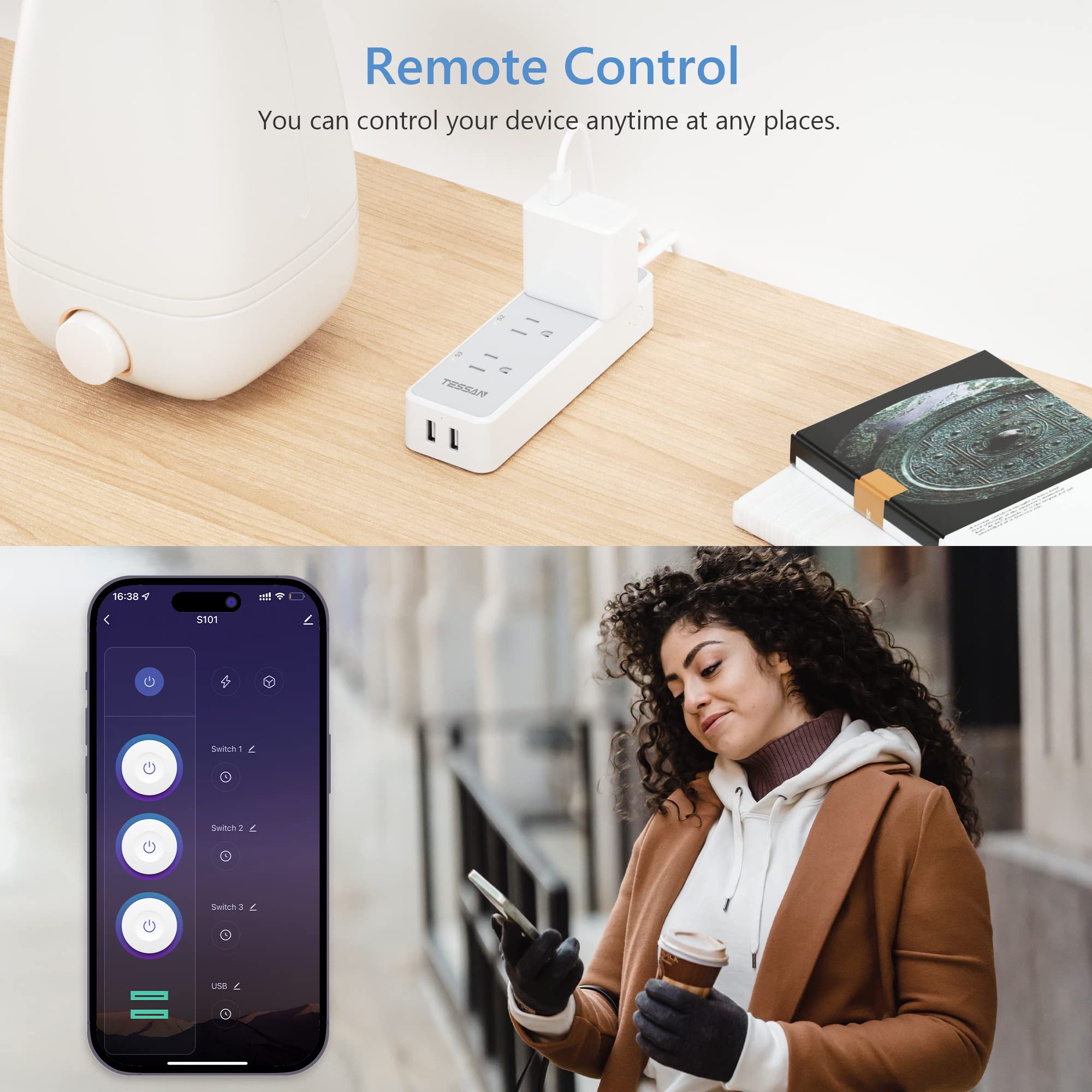 Foto 4 | Protector Contra Sobretensiones Wifi Smart Power Strip Tessan 900j Con 3 Enchufes - Venta Internacional.
