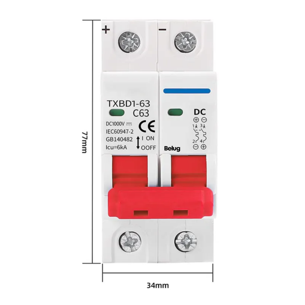 Foto 5 pulgar | 2p Interruptor Termomagnético Dc 1000v Solar Fotovoltaico Belug  Blanco Rojo