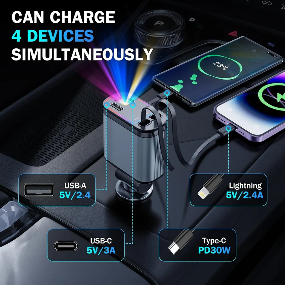 Foto 5 pulgar | Cargador Carro Auto Coche Tipo C Luz Retráctil Turbo Rápida