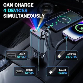 Foto 4 | Cargador Carro Auto Coche Tipo C Luz Retráctil Turbo Rápida