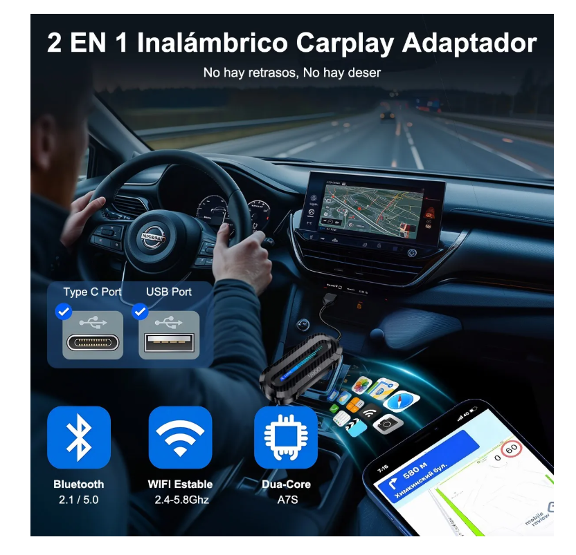 Foto 3 pulgar | Adaptador Inalámbrico Car Play, Android Auto 2en1 Para Apple