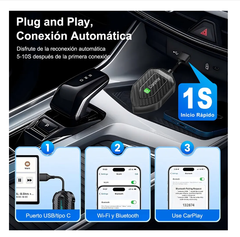 Foto 5 pulgar | Adaptador Inalámbrico Car Play, Android Auto 2en1 Para Apple