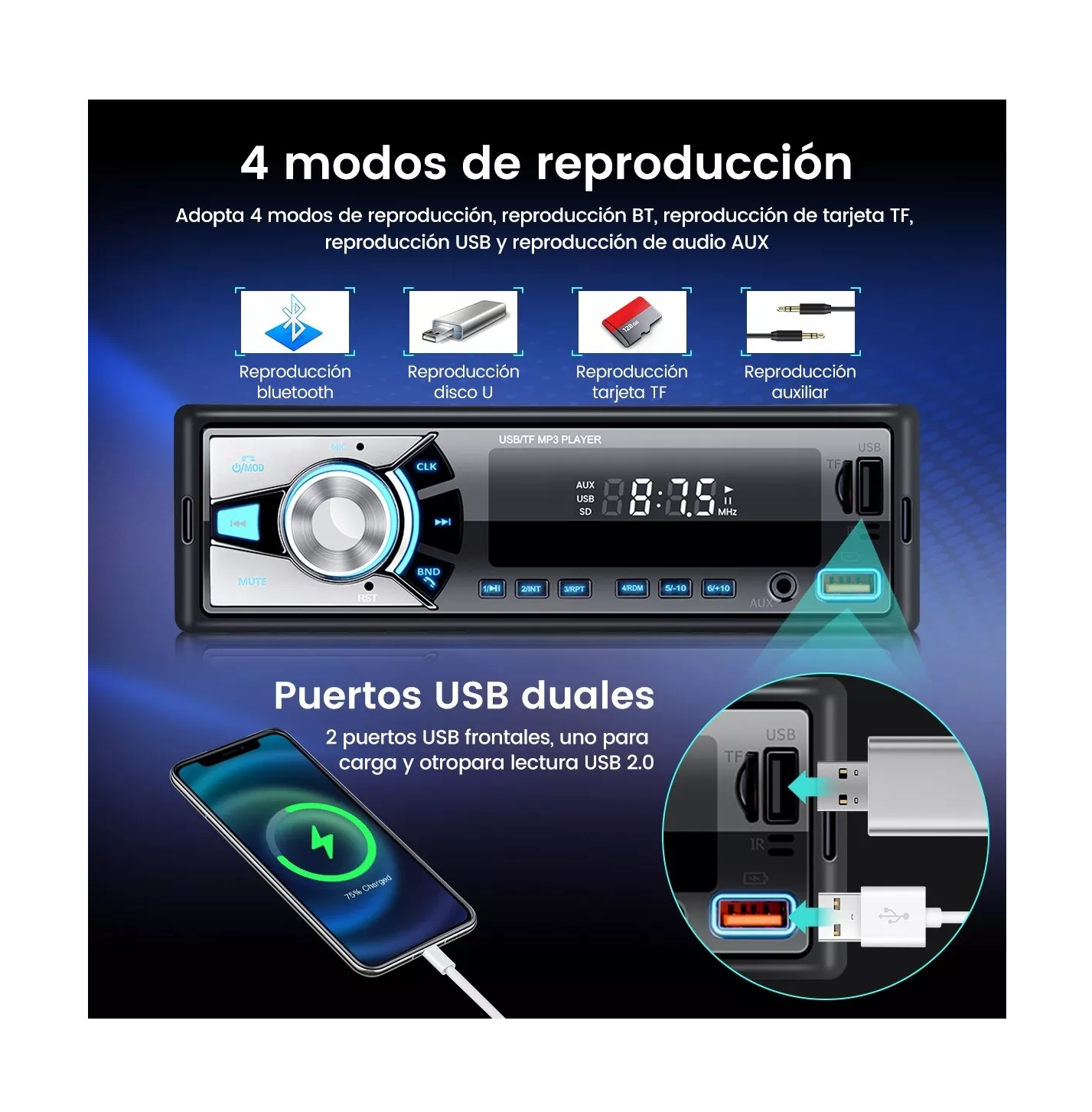 Foto 5 | Auto Estéreo Lab.G MP3 Radio con BT Aux USB SD Negro