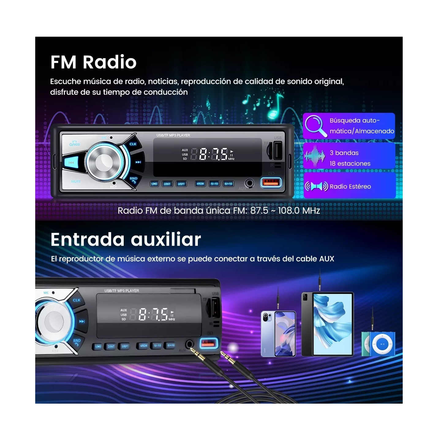 Foto 4 | Auto Estéreo Coche Reproductor Mp3 Radio Con Bt Aux Usb Sd Negro