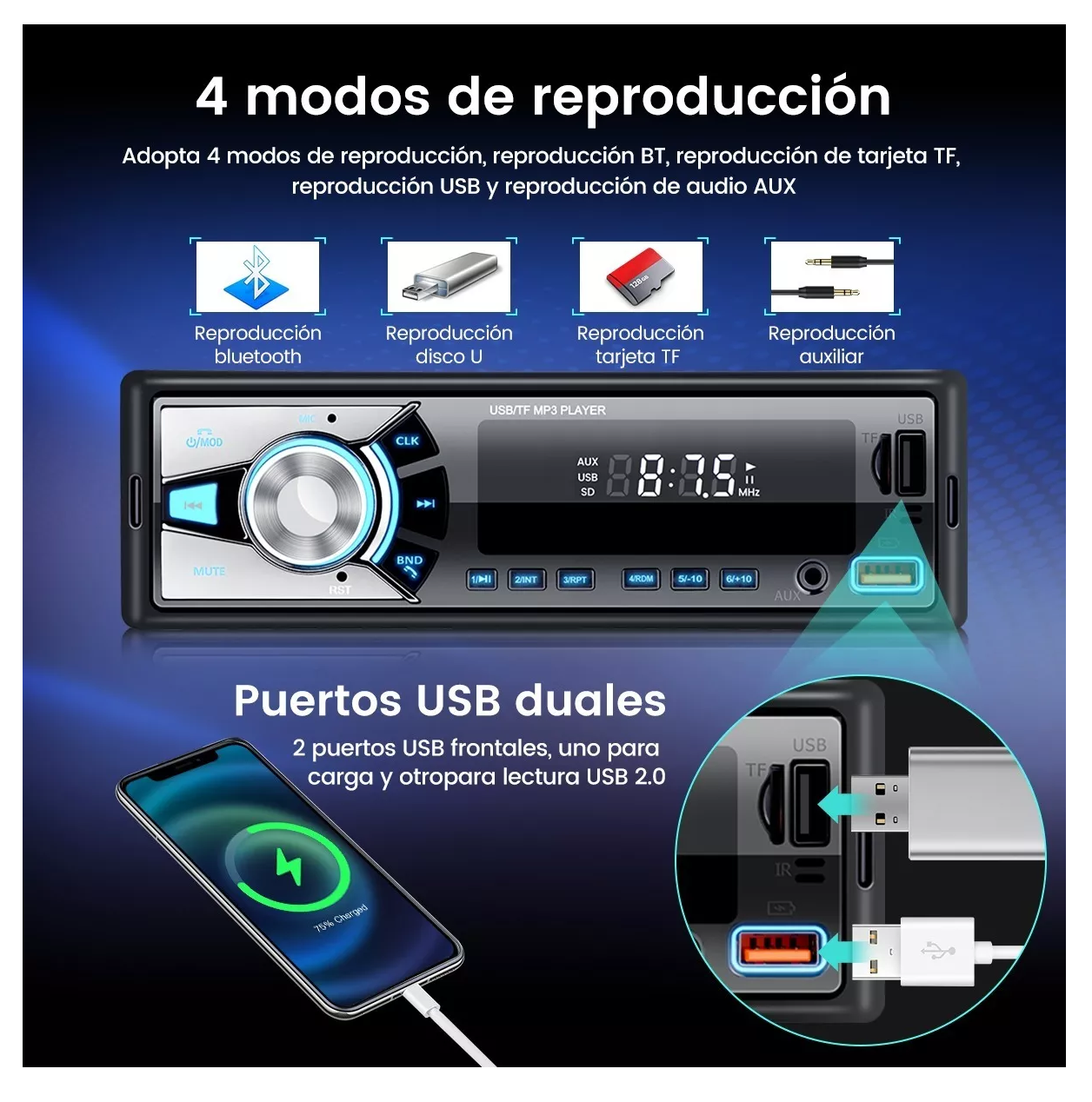 Foto 4 | Auto Estéreo Coche Reproductor Mp3 Radio con Bt Aux Usb Sd