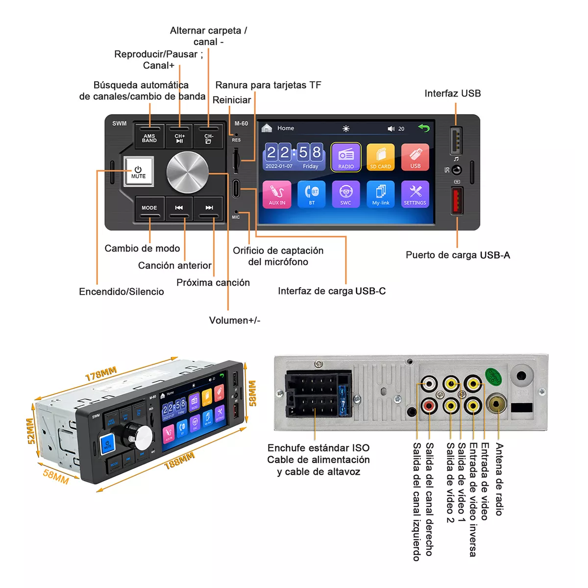 Foto 3 | Estéreo De Pantalla Para Auto 1 Din Con Cámara Eo Safe Imports Esi-17425 Negro