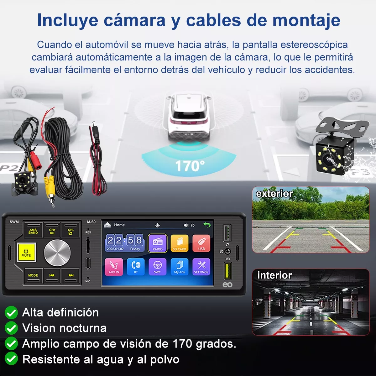 Foto 3 pulgar | Estéreo De Pantalla Para Auto Con Cámara Eo Safe Imports Esi-16190-1 Negro