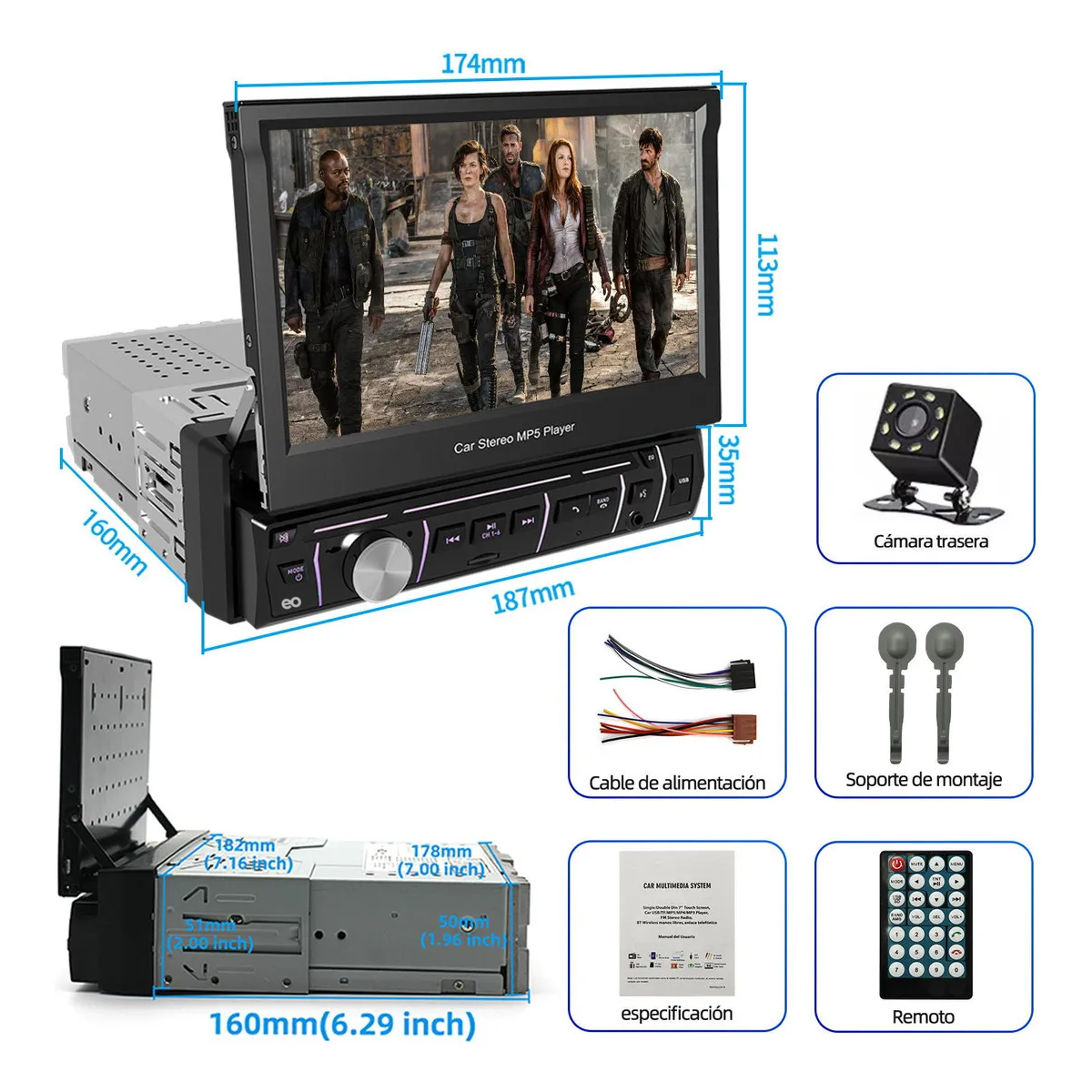 Foto 4 | Auto Estéreo Pantalla Retráctil 9600-mp5 Y Camera Eo Safe Imports Esi-19880 Negro