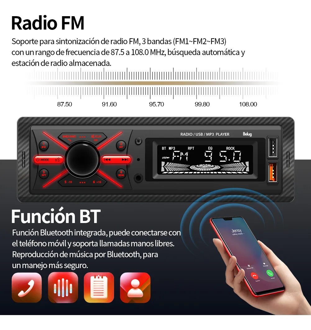 Foto 2 | Auto Radio  Belug Reproductor Estéreo Receptor Aux Usb Bt Fm