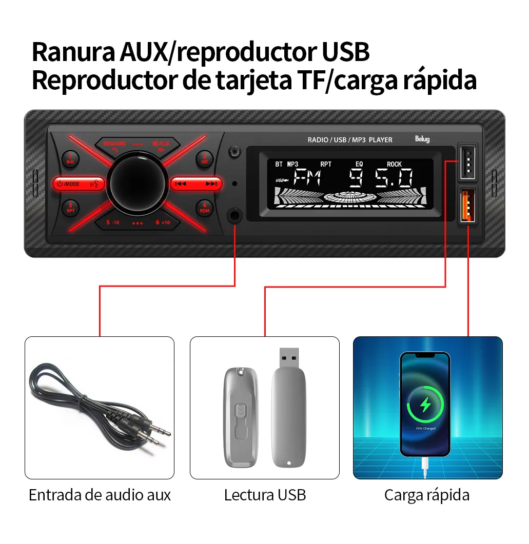 Foto 3 | Auto Radio  Belug Reproductor Estéreo Receptor Aux Usb Bt Fm