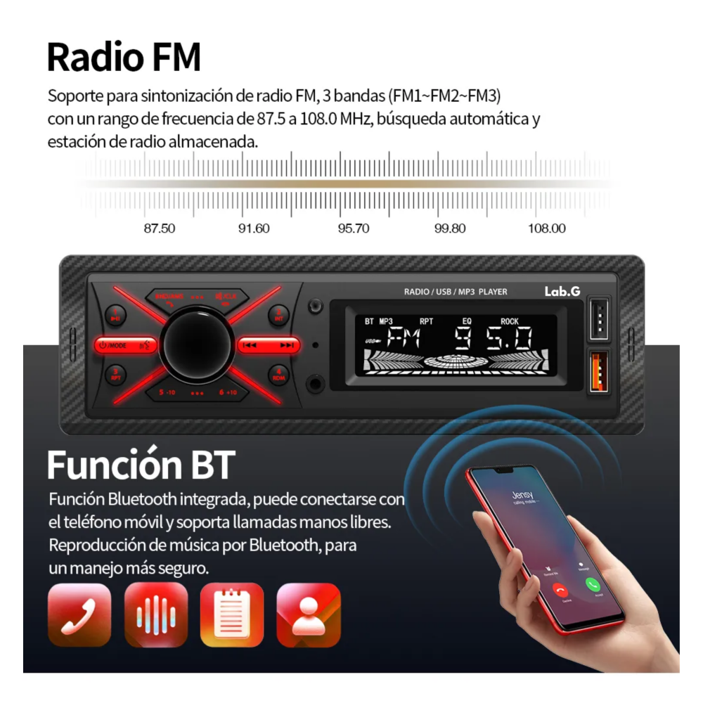 Foto 4 pulgar | Auto Radio Reproductor Estéreo Receptor Aux Usb Bt Fm Lab.g  Negro