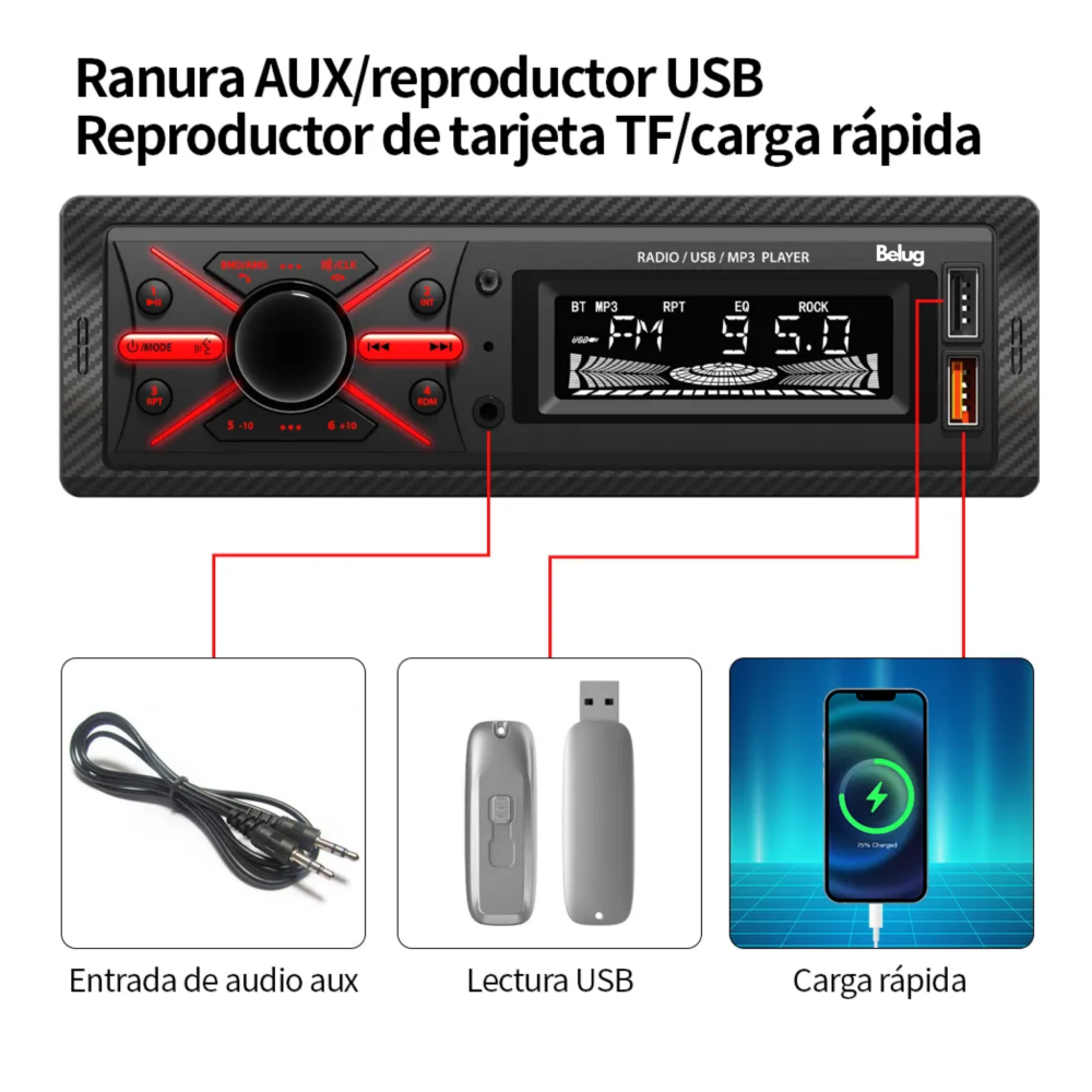 Foto 5 pulgar | Auto Radio Reproductor Estéreo Receptor Aux Usb Bt Fm Belug  Negro