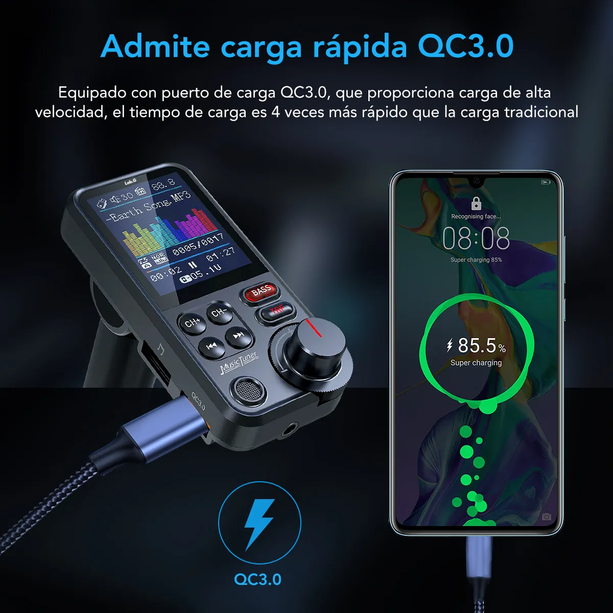 Foto 4 pulgar | Transmisor Bluetooth Fm Aux Qc3.0 1.8 Inalámbrico Para Auto Lab.g Negro