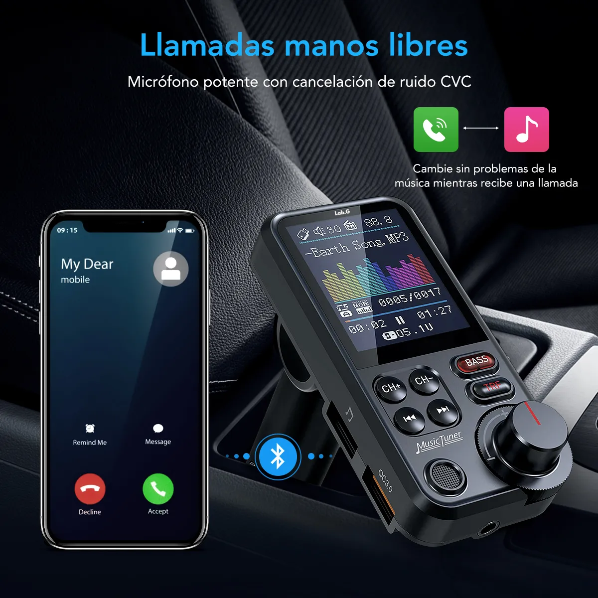 Foto 6 pulgar | Transmisor Bluetooth Fm Aux Qc3.0 1.8 Inalámbrico Para Auto Lab.g Negro