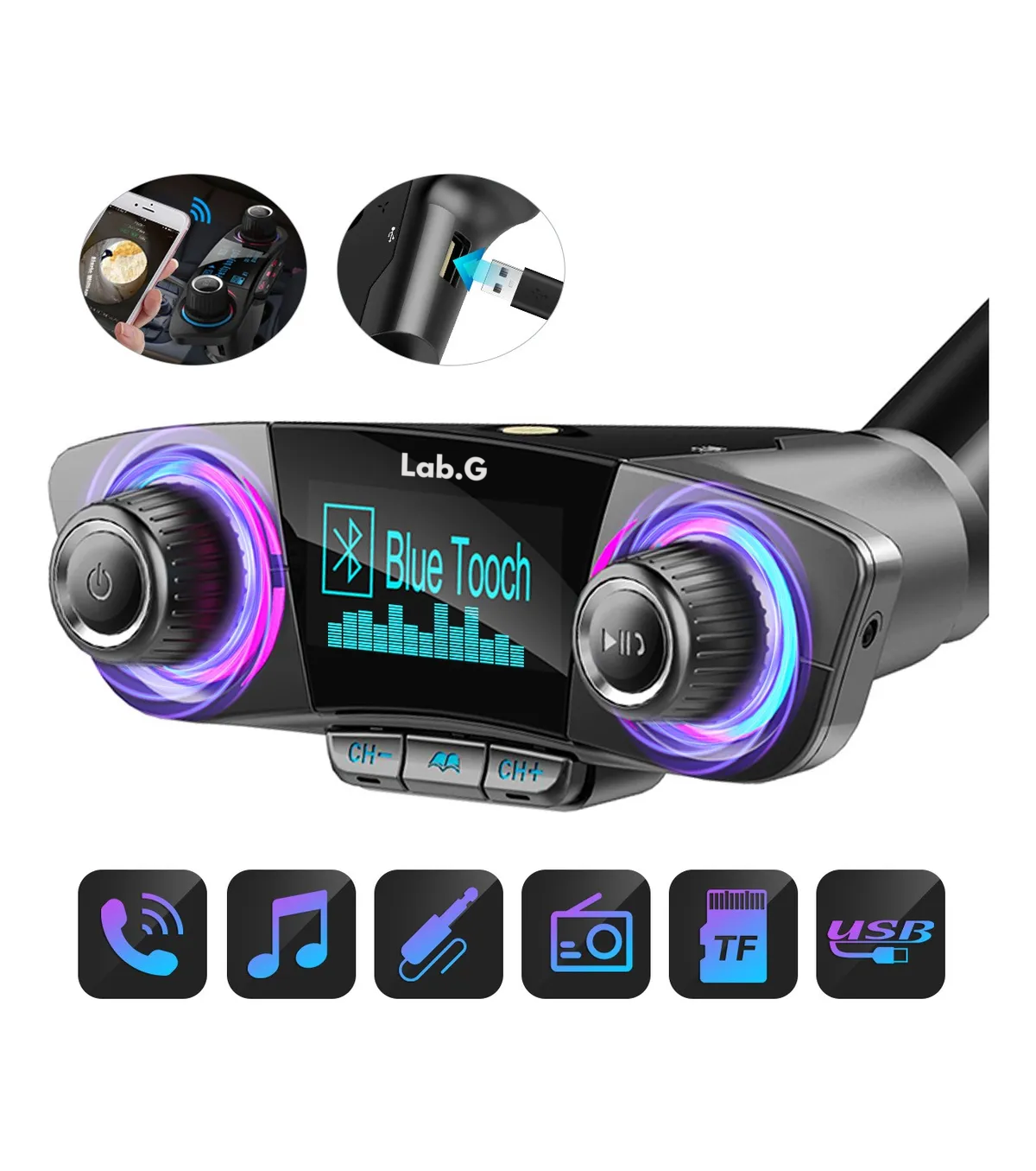 Foto 2 | Receptor Bluetooth Y Transmisor Fm Auto Cargador Rápido 2usb Lab.g Negro