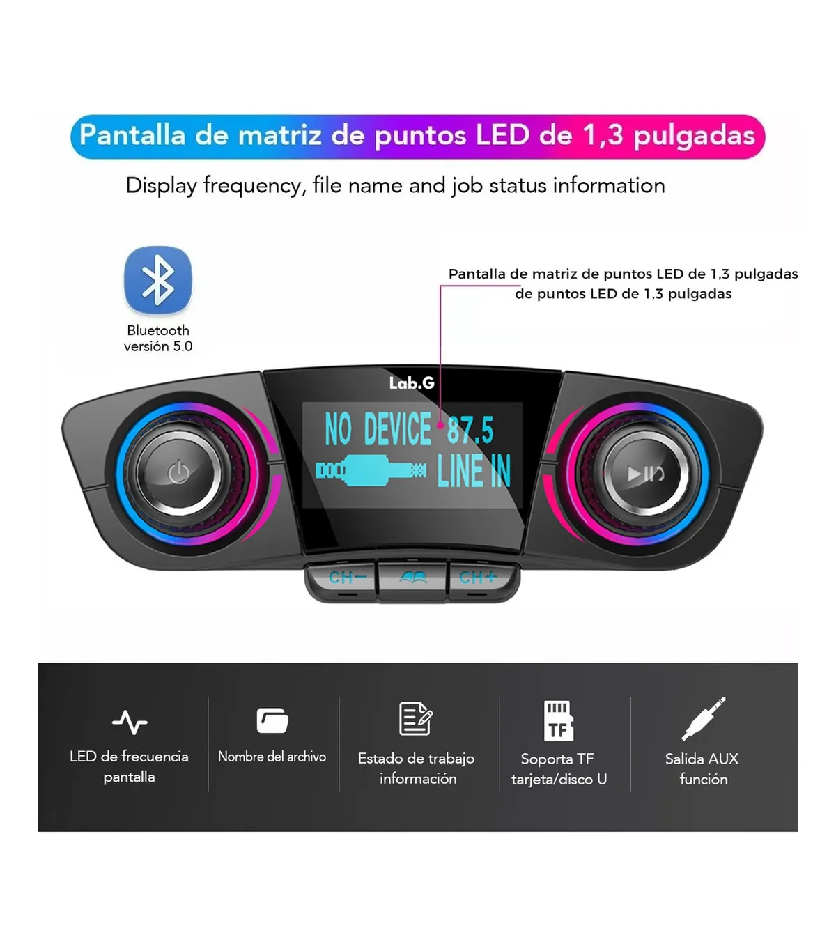 Foto 5 pulgar | Receptor Bluetooth Y Transmisor Fm Auto Cargador Rápido 2usb Lab.g Negro