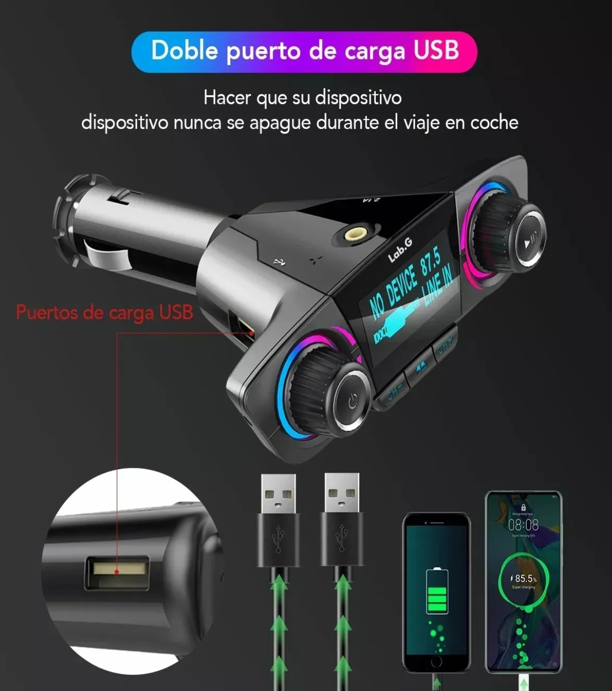 Foto 6 pulgar | Receptor Bluetooth Y Transmisor Fm Auto Cargador Rápido 2usb Lab.g Negro
