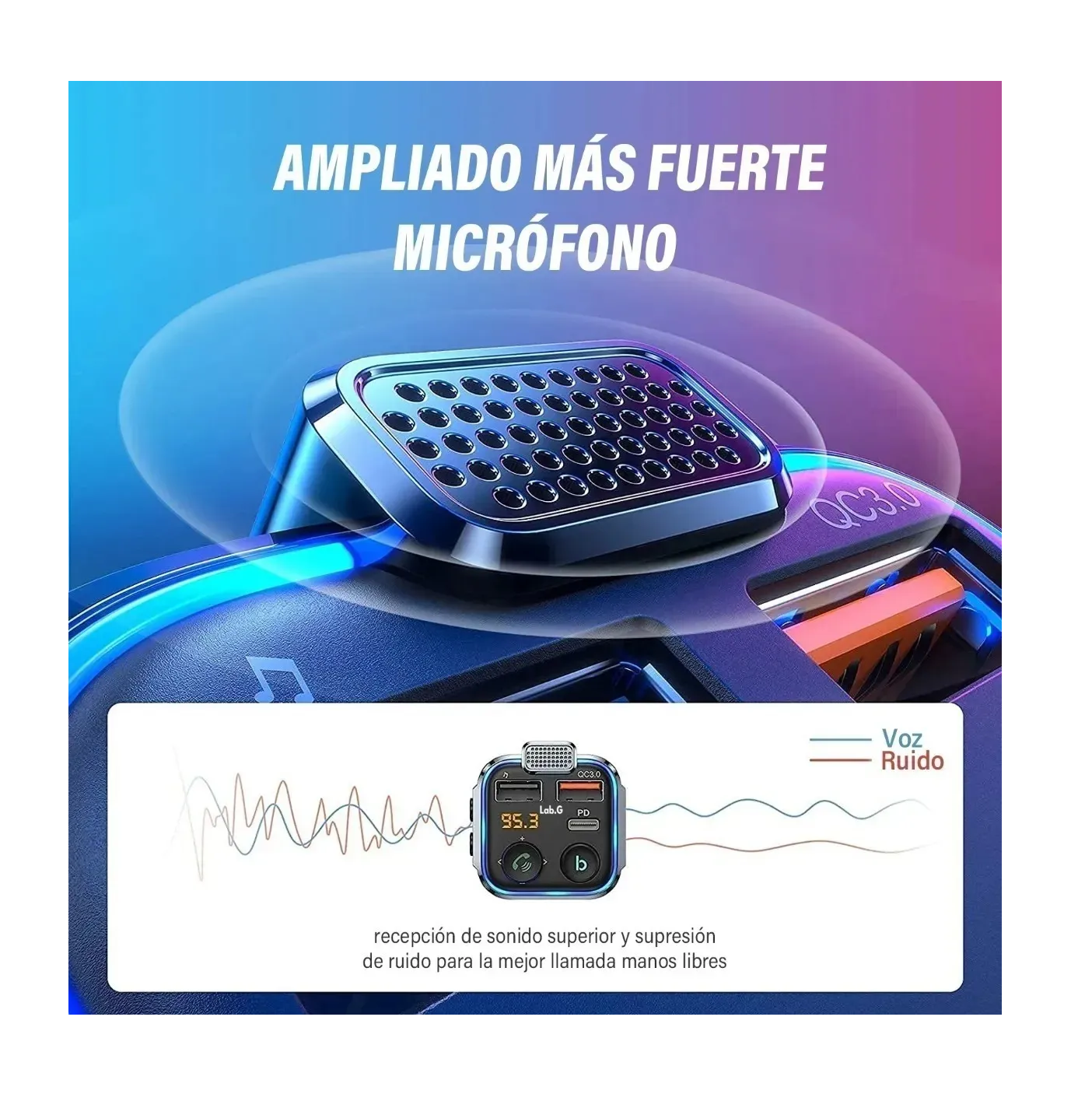 Foto 2 | Transmisor Bluetooth Fm De Auto Cargador 3 Usb con Cable 1m