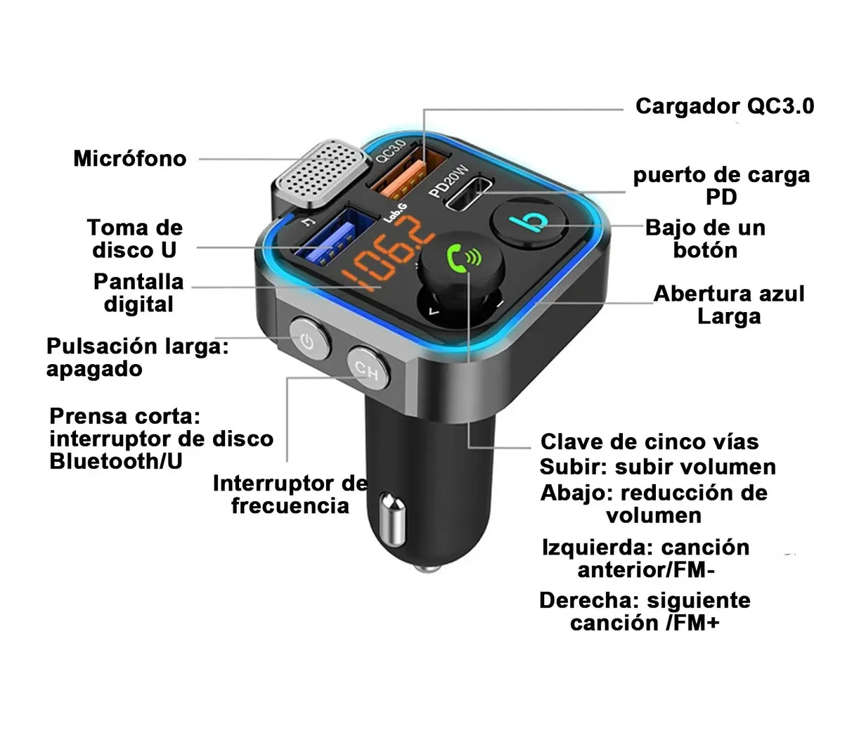 Foto 4 | Transmisor Bluetooth Fm De Auto Cargador 3 Usb con Cable 1m