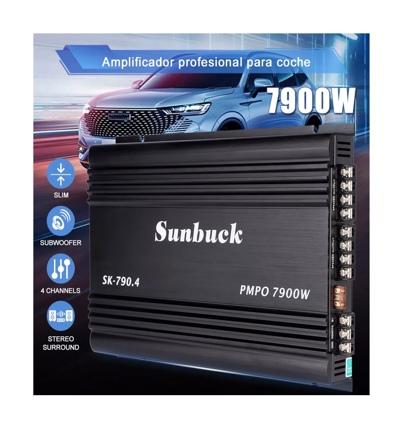 Foto 2 | Amplificador de Audio para Auto Sunbuck 7900w Negro 4 Canales