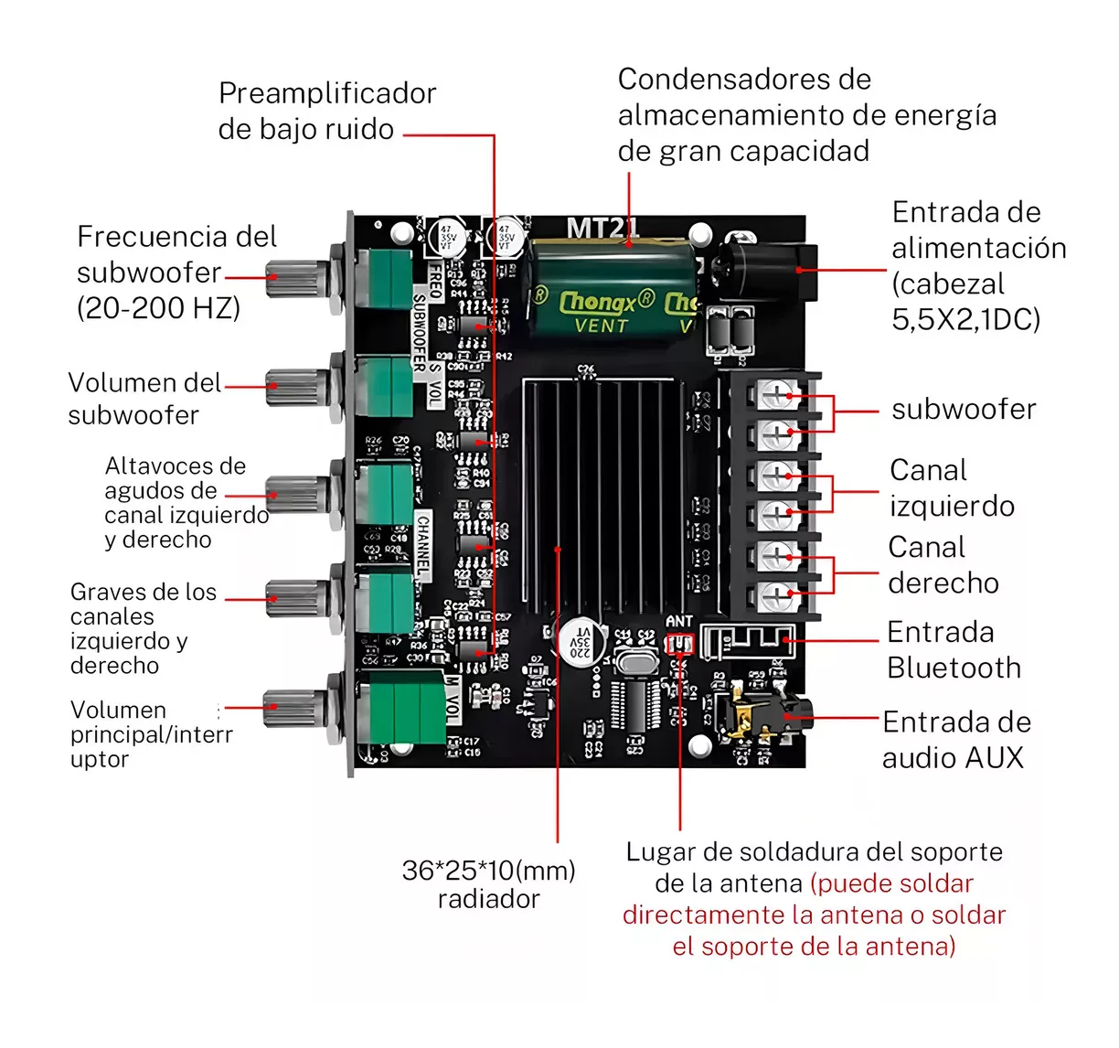 Foto 5 pulgar | Placa Amplificadora De Potencia Digital 50wx2+100w Zk-mt21 Negra
