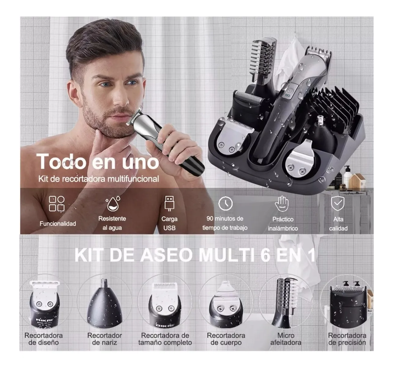 Foto 3 | Kit De Máquina Cortadora De Cabello 6en1 Eo Safe Imports Esi-19275 Negro