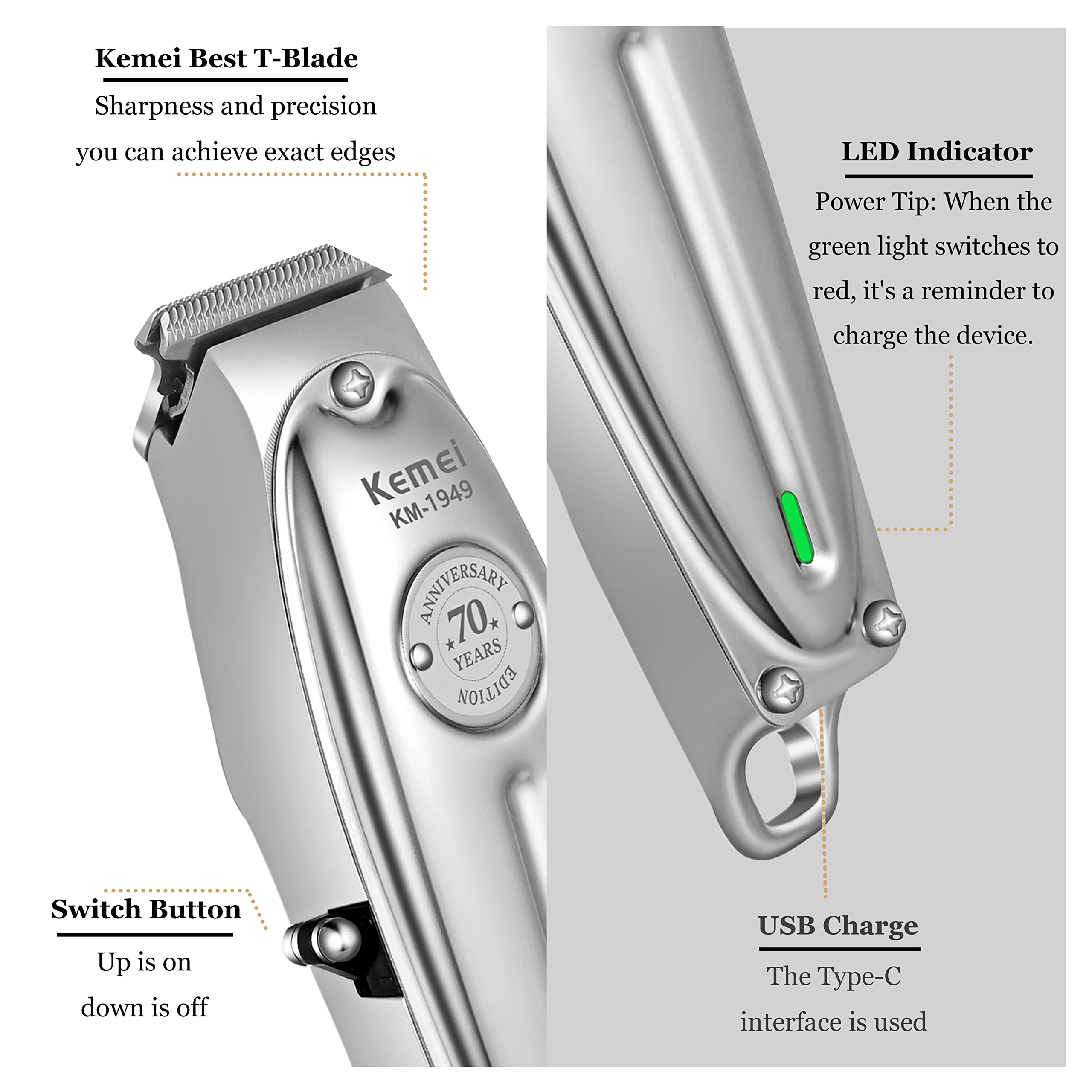Foto 3 | Recortadora De Barba Y Pelo Kemei Professional Inalámbrica En T Blade 1949 - Venta Internacional.